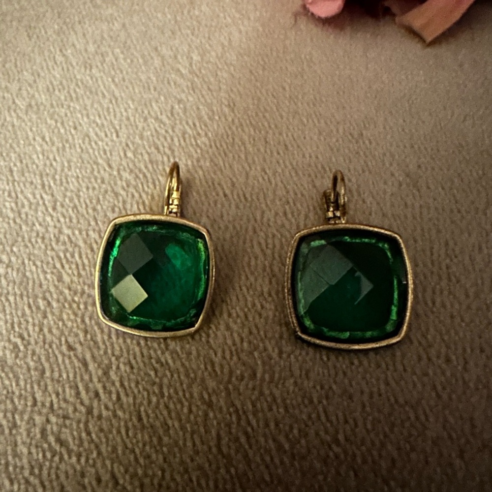 Gold-Trim Green Cushion Drop Earrings - Women Jewelry